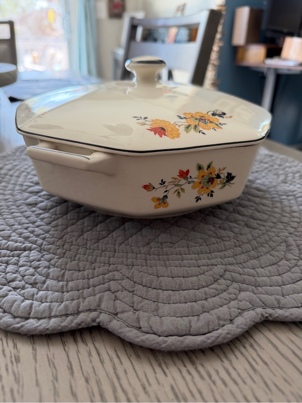 Homer Laughlin Cream Covered Casserole with Yellow and Orange Floral Motif
